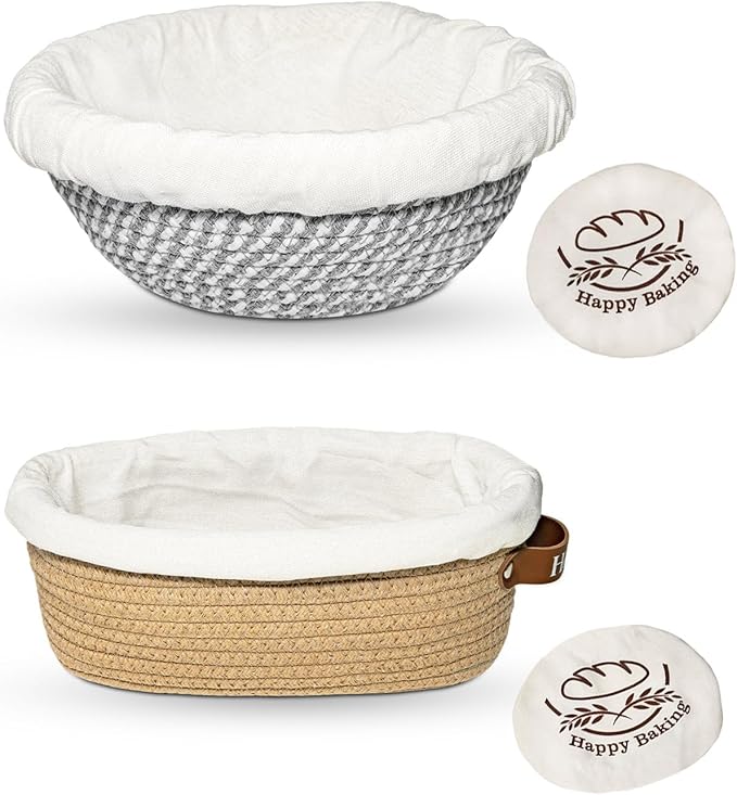 Banneton Bread Proofing Basket – Sourdough Starter Kit with 9" Round & 10" Oval Cotton Rope Baskets, Liners & Covers sourdough Bread Proofing Supplies, Baking Bread Bowl for Proofing