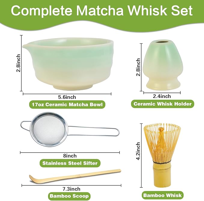 Matcha Whisk Set, 5pcs Japanese Ceremony Matcha Tea Kit Includes Ceramic Matcha Bowl with Spout, Bamboo Whisk & Holder, Traditional Scoop, Stainless Sifter, Gift for Matcha Lovers Beginner