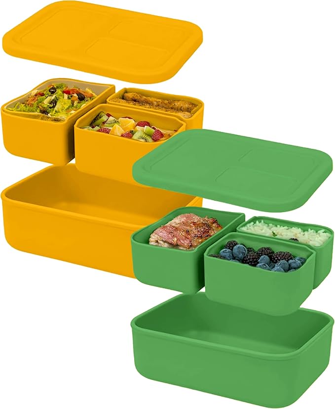 Platinum Silicone Bento Lunch Box Set of 2 – 3 Compartments, Leakproof, Versatile, Durable, Microwave & Freezer Safe, Meal Prep, Food Storage for All Ages (Watermelon Green & Gold Honey)