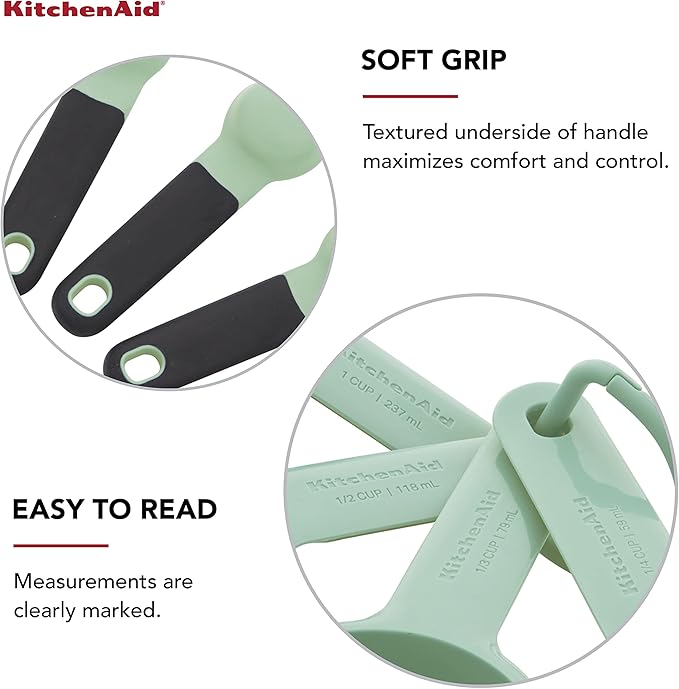 KitchenAid Universal Easy To Read Measuring Cup and Spoon Set with Soft Grip Handle for Maximum Control, Hang Hole and Nesting For Easy Storage, Dishwasher Safe, 9 Piece, Pistachio