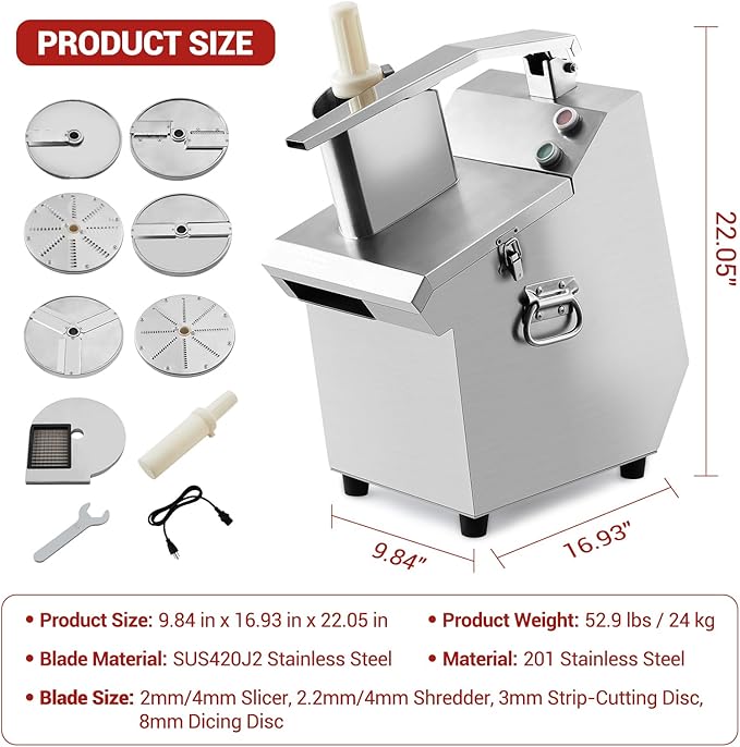 Commercial Food Processor with 6 Blades, Electric Vegetable Slicer & Chopper for Restaurant Kitchen - Stainless Steel Multifunctional Dicer, Shredder, Slicer