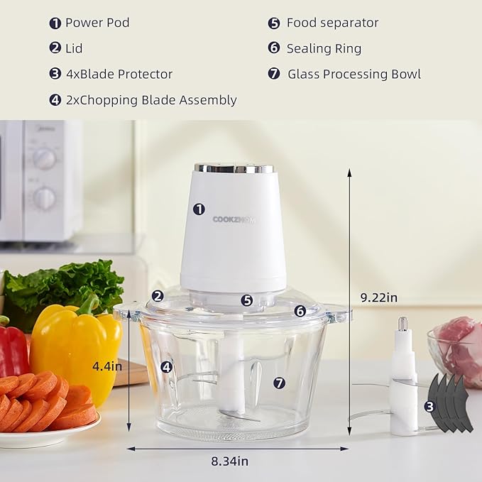 Food Processor,Electric Food Chopper with 500W Stainless Steel Motor & 2 Sharp Blade Sets,8-Cup Glass Bowl for Meat, Vegetables, Fruits and Nuts