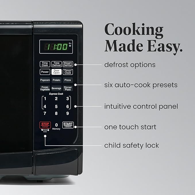 Farberware Countertop Microwave Oven 700 Watts Power Auto Cook Settings, Defrost, Easy Clean and Child Safety Lock, 0.7 Cu. Ft, Black