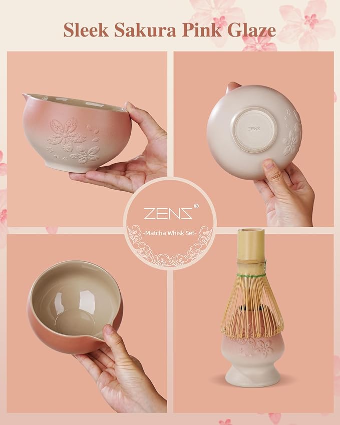 ZENS Matcha Whisk Set, Pink Ceramic Matcha Bowl with Embossed Sakura, 6pcs Matcha Tea Kit Includes Bamboo Whisk, (Chasen Holder) Scoop & Sifter, Tea Towel for Matcha Ceremony, Pink
