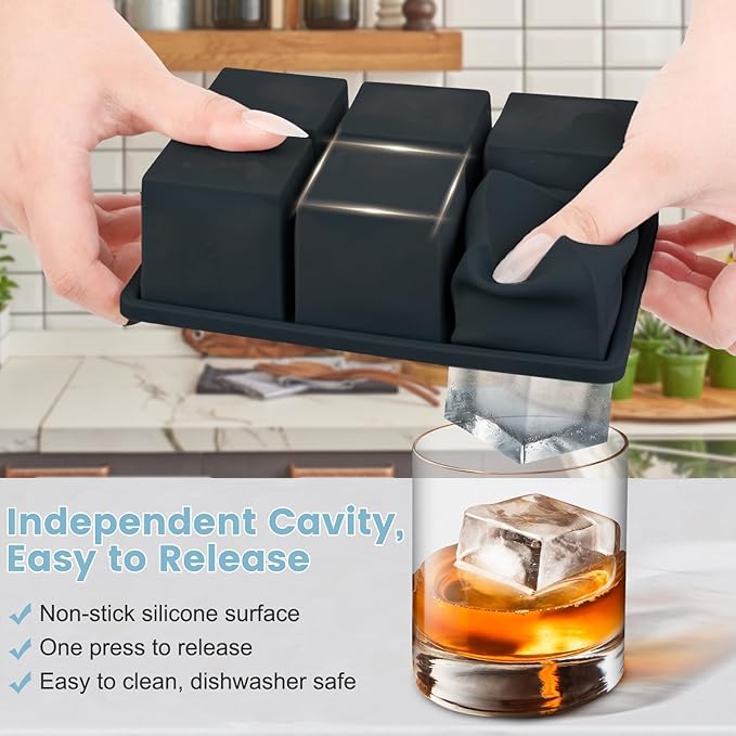 Large Silicone Ice Cube Tray 3Pack, SAWNZC Big Square Ice Cube Molds for Whisky Cocktail, Ice Maker Tray with Lid for Freezer, Easy Release (3, Black)