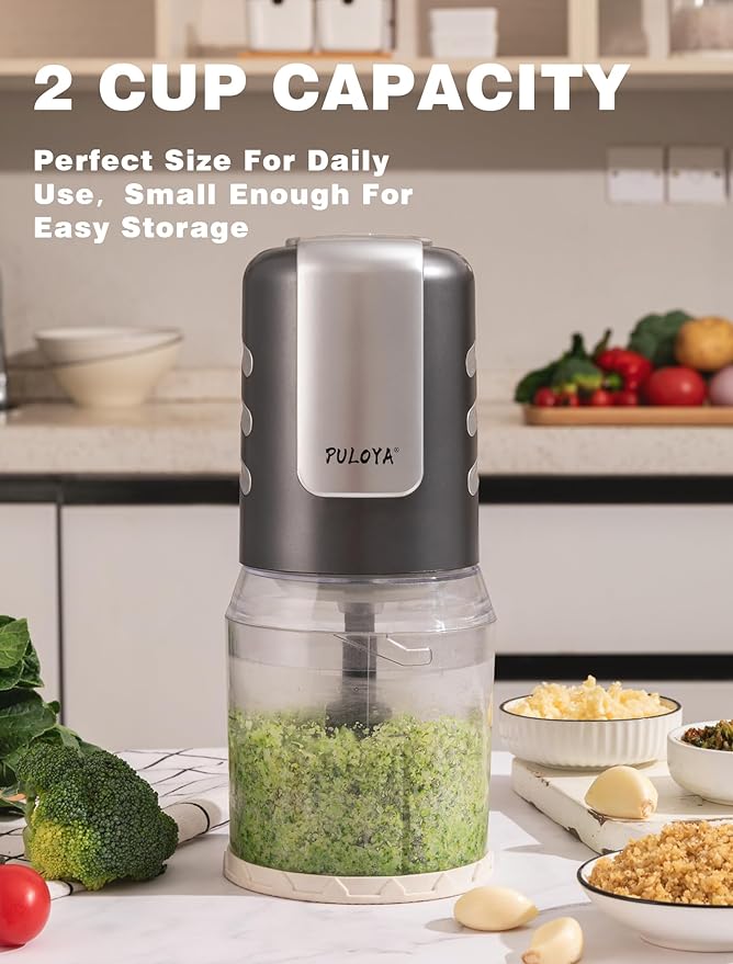 Mini Food Processor 2 Cup Small Electric Food Chopper 2 Speed for Vegetables, Meat, Fruits and Nuts with 4 Stainless Steel Blades, 400-Watt, Light Gray