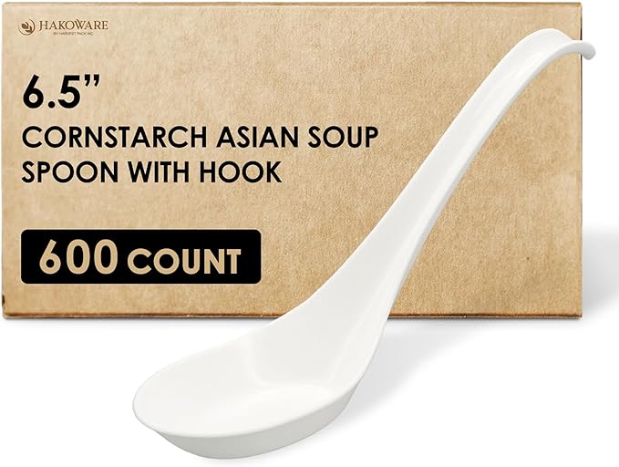 [600 COUNT] HAKOWARE Disposable Asian Soup Spoons with Hook, made from Crystalized Cornstarch, for Take-out Ramen Pho Noodles