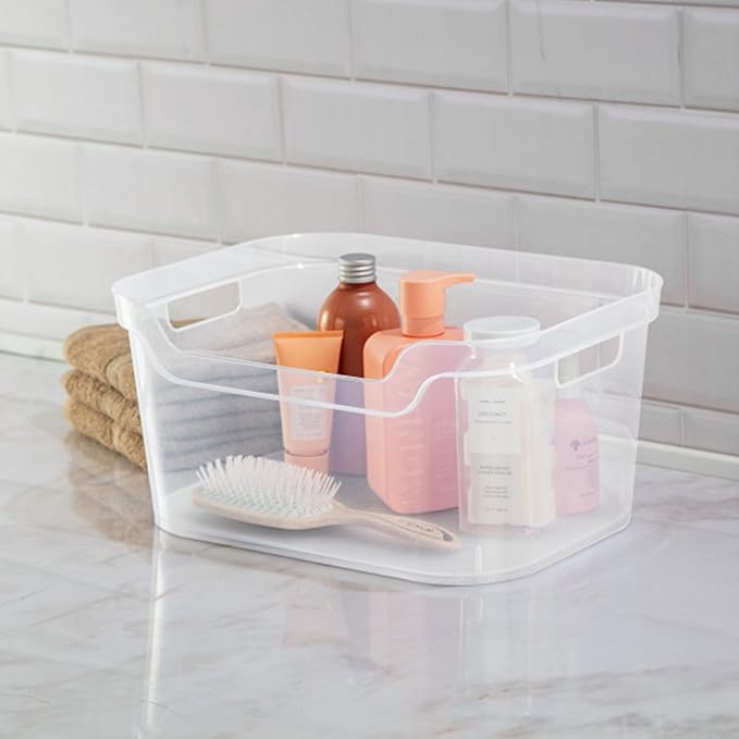 Sterilite 7 x 11 x 14.25 Inch Polished Open Scoop Front Storage Bin with Comfortable Carry Through Handles for Household Organization, Clear (12 Pack)