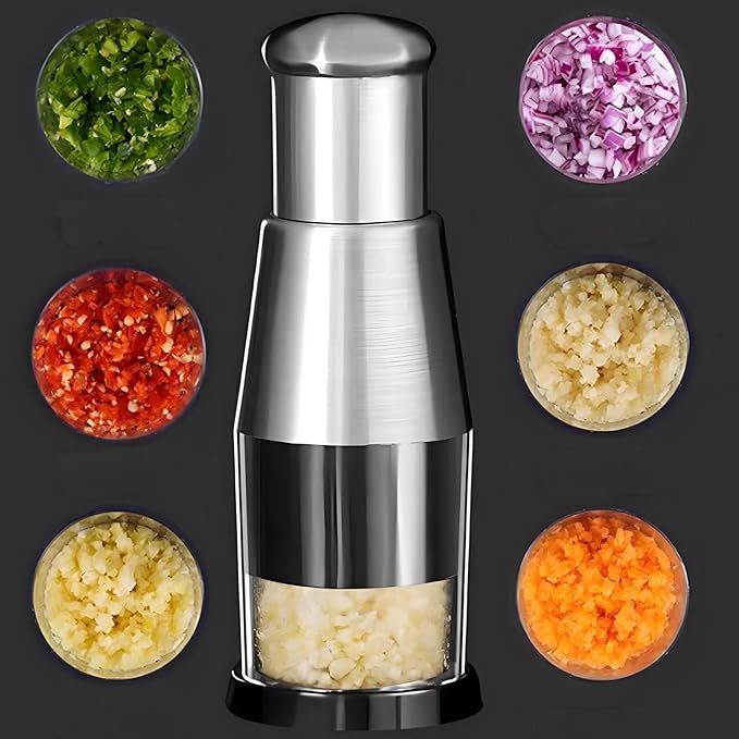 Manual Food Chopper, Garlic Press Multi Functional Stainless Steel Handheld Tool Garlic Pressing Chopper for Mincing Onion, Slicing Peppers, Potato