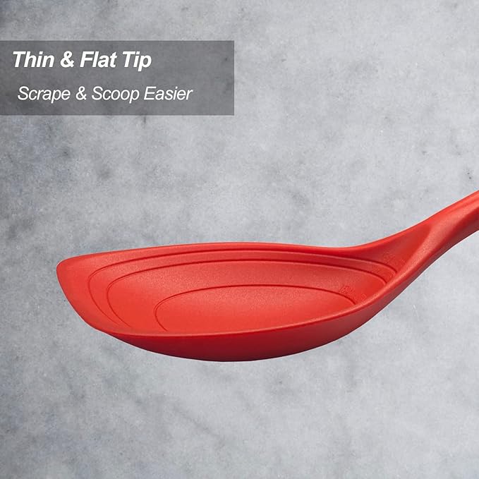 2 Pack Large Silicone Cooking Spoon, Non-Stick Slotted and Solid Spoon set with Deep Bolw and Measurement Mark for Mixing, Serving, Draining, Scooping, Scraping, Heat Resistant Kitchen Utensils, Red