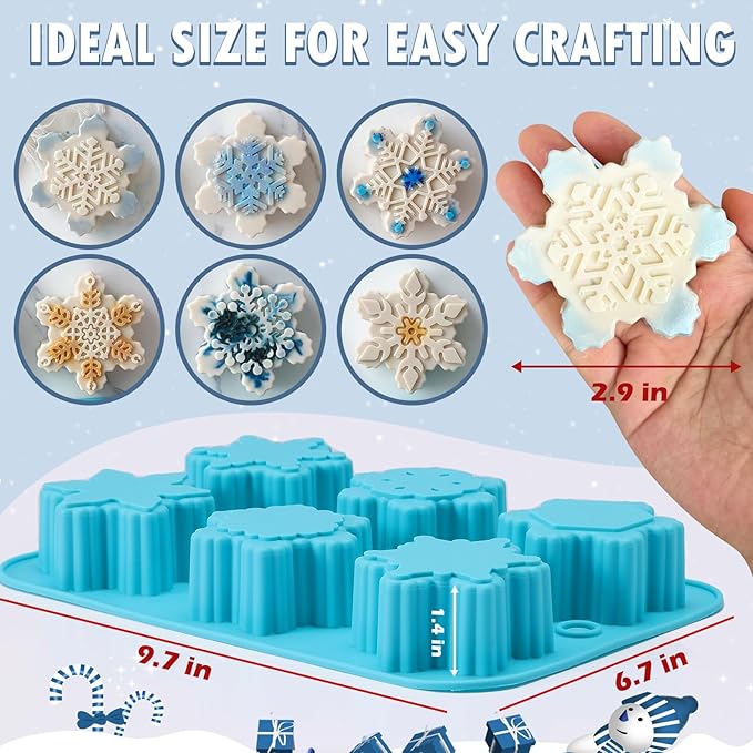 HKNMTT Snowflake Christmas Silicone Mold 12 Cavity 6 Shapes for Holiday Soap Chocolate Cocoa Bomb Ice Candy Oreo Covered Jello Xmas Winter Wax, Oven Safe Baking Frozen Moulds DIY Candle Craft Set