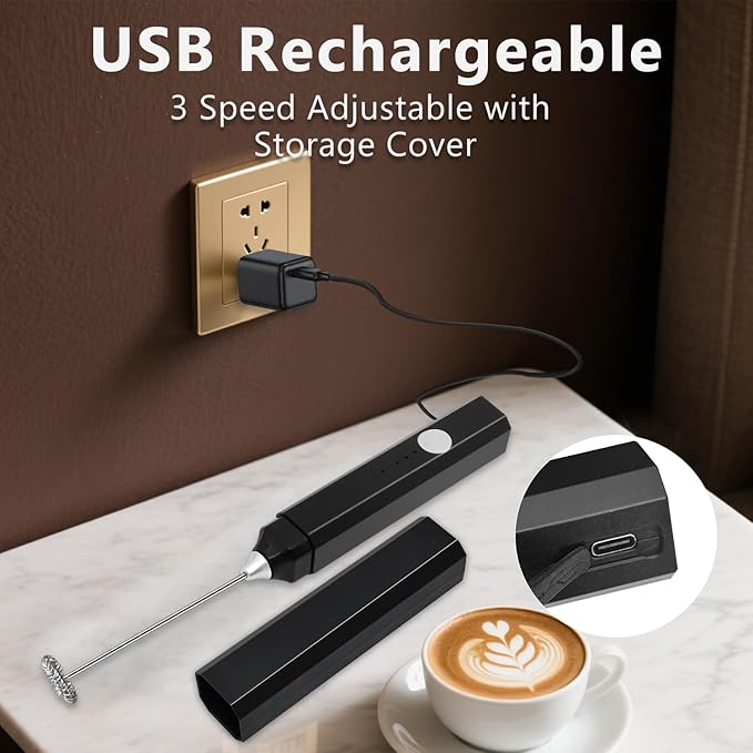 Rechargeable Milk Frother Handheld 3 Speed Adjustable, Electric Whisk Foam Maker, Handheld Drink Mixer, Mini Frother Wand with Stainless Steel Whisk for Coffee, Lattes, Cappuccinos, with Storage Cover
