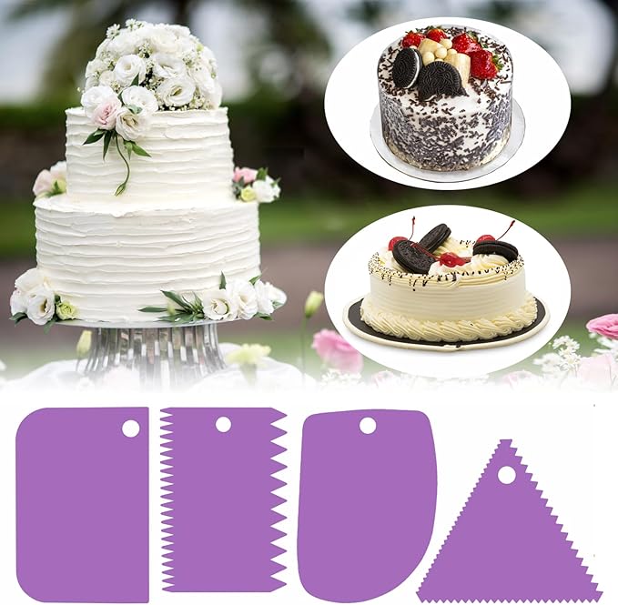 Cake Scraper, Cake Smoother Scraper Set, Dough Scraper Icing Scraper Polisher Tool, Cake Decorating Comb, Icing Smoother Plastic Sawtooth Cake Icing Kitchen Baking Cake Edge (Purple)