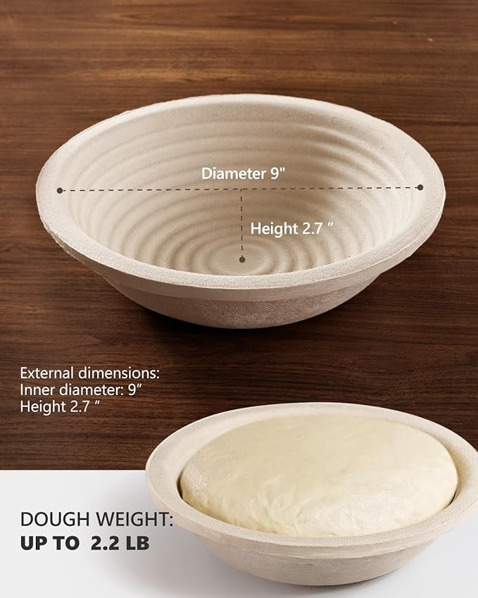 Wood Pulp Banneton Bread Proofing Baskets Set of 2, 9 Inch Round 2.2LB Sourdough Banneton Basket with Liner, Non-Stick Dough Proofing Bowl for Rising and Baking