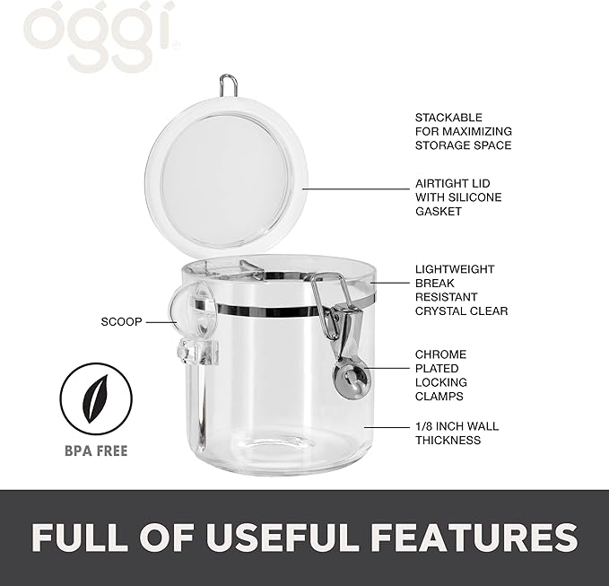 Oggi 4pc Clear Canister Set with Clamp Lids & Spoons - Airtight Food Storage Containers, Ideal for Kitchen & Pantry Storage of Bulk, Dry Food Including Flour, Sugar, Coffee, Rice, Tea, Spices & Herbs