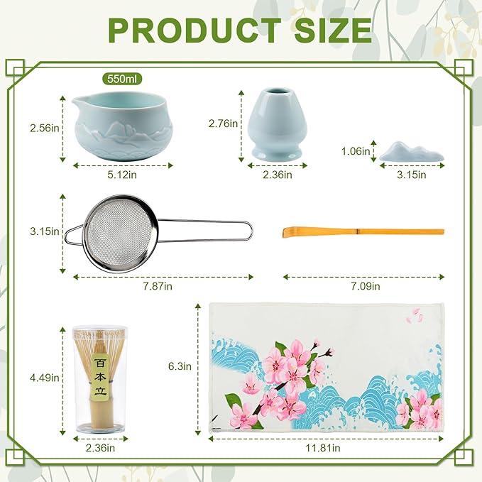 7-Piece Matcha Set–Traditional Japanese Tea Kit with Matcha Bowl, Bamboo Whisk, Ceramic Holder, Scoop, and Sifter–Perfect for Tea Ceremonies&Gifts for Matcha Lovers (Mountain Relief-Celadon)