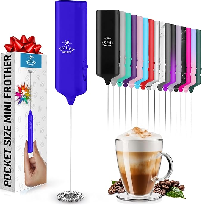 Mini & Mighty Milk Frother Wand – Powerful Handheld Coffee Frother, Battery Operated Drink Mixer – Compact Pocket Size – Detachable Whisk for Latte, Cappuccino, Matcha, Hot Chocolate – Royal Blue