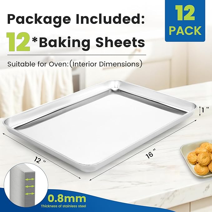 12 Pack Stainless Steel Baking Sheet Pans, 16" L × 12" W × 1" H Cookie Sheets for Toaster Oven, Rust-Resistant, Dishwasher Safe