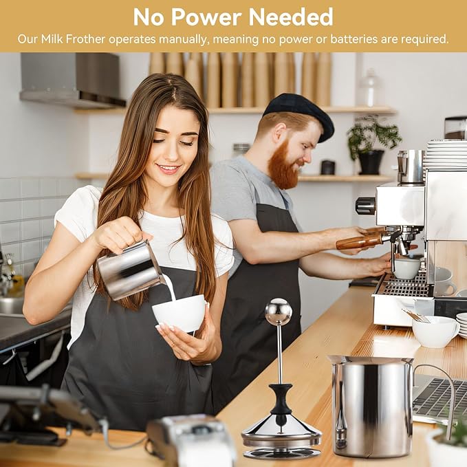 Manual Milk Frother, 400ml/14oz Stainless Steel Creamer Frother Milk Steamer Latte Cappuccino Coffee Foamer FrotherHandled Metal Creamer Foamer Pitcher With Handle Lid