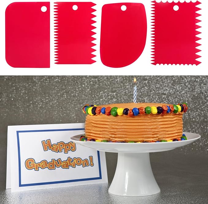 Cake Scraper, Cake Smoother Scraper Set, Dough Scraper Icing Scraper Polisher Tool, Cake Decorating Comb, Icing Smoother Plastic Sawtooth Cake Icing Kitchen Baking Cake Edge (Red)