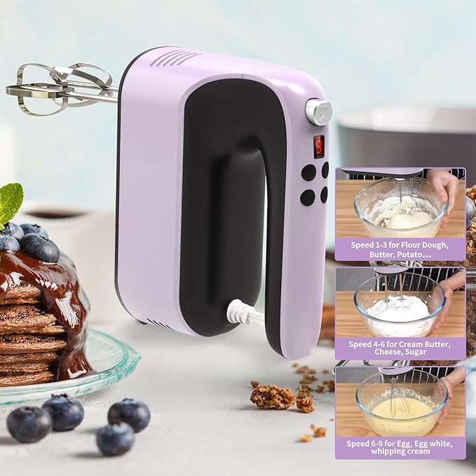 9-Speed Digital Hand Mixer Electric, 400W Powerful DC Motor, Baking Mixer Handheld with Snap-On Storage Case, 5 Stainless Steel Accessories, Flat Beaters, Dough Hooks, Whisk (Purple&Black)