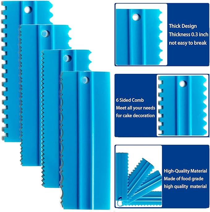 Cake Scrapers Set Decorating Comb and Icing Smoother, Plastic Sawtooth Scraper Polisher Butter Mousse Cream Cake Edge DIY Tool -8 Design Textures (Blue)