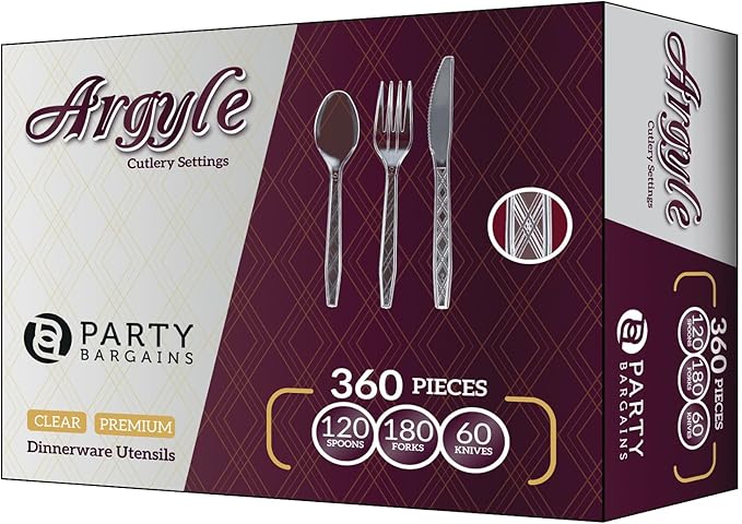 Party Bargains Clear Plastic Cutlery 360 pcs: 180 Forks, 120 Spoons, 60 Knives. Argyle Design, Heavy Duty & Solid Disposable Silverware Utensils Combo Pack Set for Weddings, Buffets, Luncheons