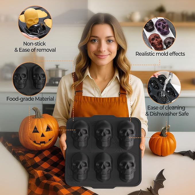 Metal Framed Silicone Skull Cake Pan - 6 Cavity Skull Baking Pan & Silicone Mold for Halloween Parties & Baking Fun | Food-Safe Non-Stick Ice Cube Tray, Cupcake Maker
