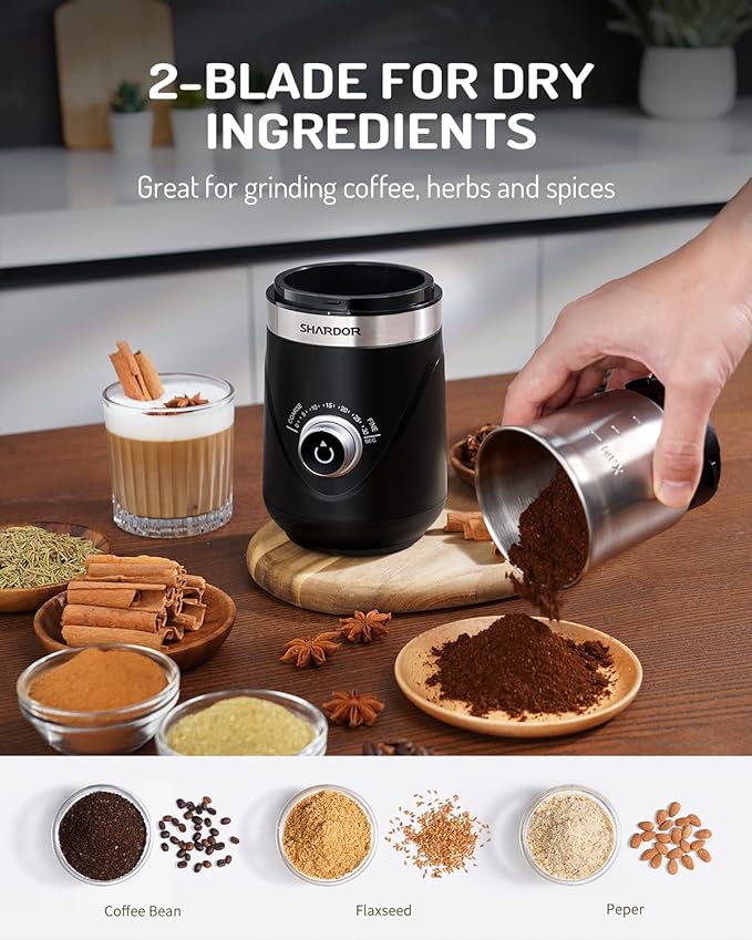 SHARDOR Electric Super Silent Blade Coffee Grinder, Timed Grind Control Rotary Knob, Adjustable Coarse to Fine for Coffee Beans, Spices & Herbs, with 2 Removable Stainless Steel Bowl, Black