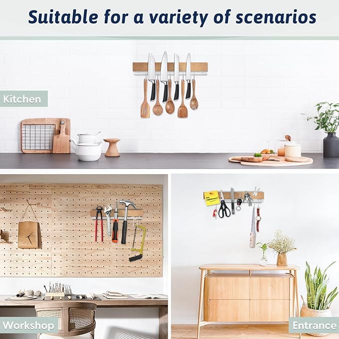 12 Inch Magnetic Knife Holder for Wall Wooden Magnet Knife Strip No Drill with 5 Hooks/Adhesive Tape/Screws, Kitchen Utensil Holder, Magnetic Knife Organizer, Wall Mounted Knife Storage