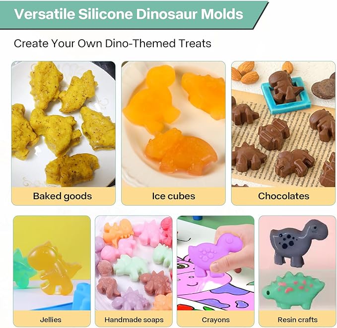 2-Pack Silicone Dinosaur Mold, Multi-Purpose Dinosaur Jello Molds Silicone for Kids, Perfect Dinosaur Soap Mold, Dinosaur Baking & Crafting Tool for Chocolate, Candy, Jello, Ice Cubes