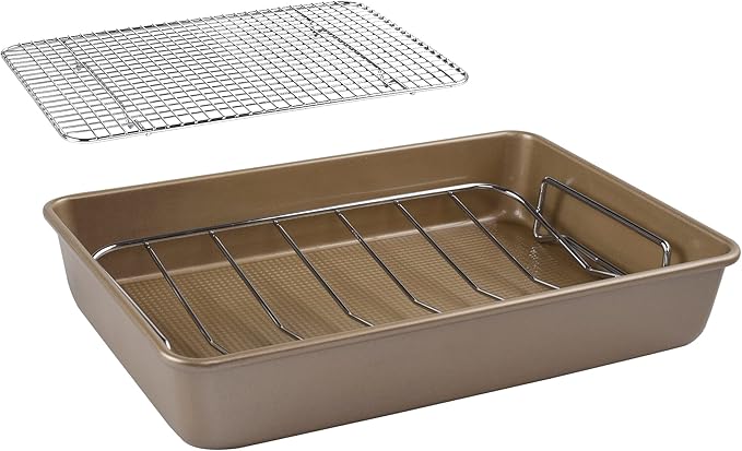 KitCom Bakeware Nonstick Carbon Steel Roaster with Flat Rack and V-Rack, 0.8MM Thickness Textured Base, Champagne Gold