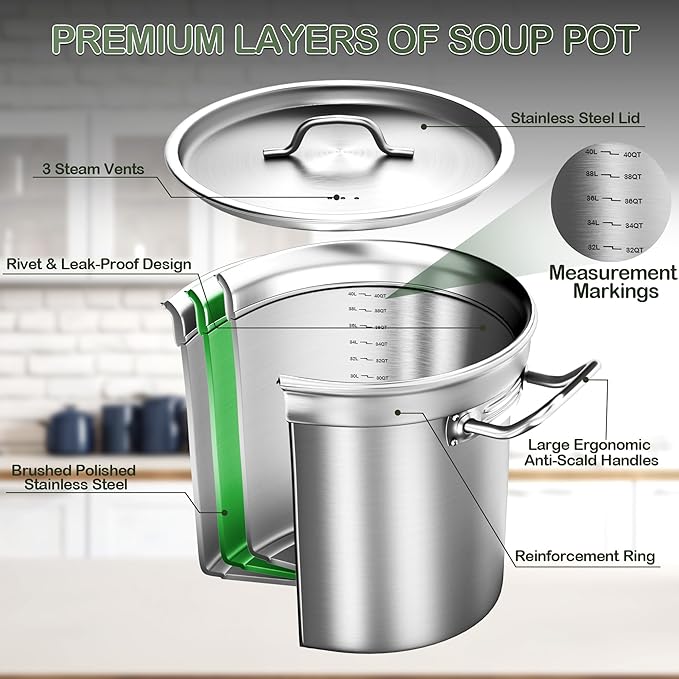 Large Soup Pot with Lid - 40 QT Stainless Steel Stockpots, Cooking Pots, Stock Pot with Lid, Big Pots for Cooking, Heavy Duty, Induction & Oven Safe, Stainless Steel Soup Pots