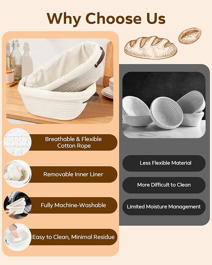 Feagar Banneton Bread Proofing Basket Set - 2 Pack Oval Cotton Rope Bread Basket with Liners, Covers & Proofing Cloth for Artisan Bread Baking, Sourdough Bread Baking Supplies