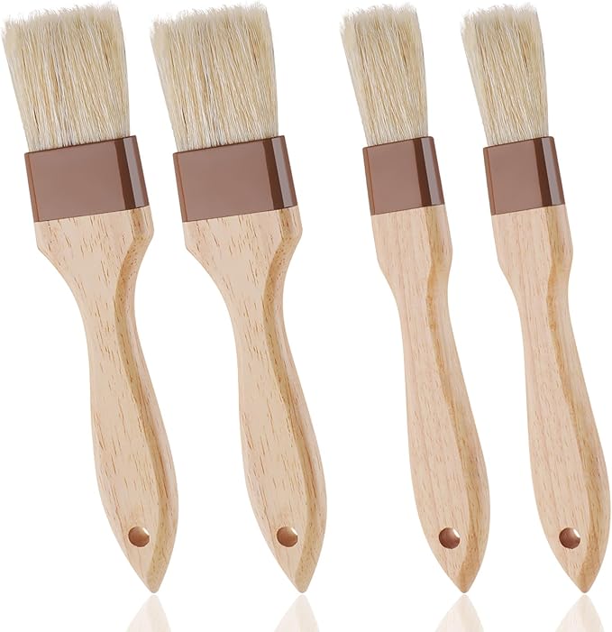 4 Pcs Natural Bristle Pastry Brush, Beech Wooden Handle Basting and BBQ Brushes for Cooking, Butter, Oil, Marinade, Grilling & Baking, Kitchen Food Brush (1 inch & 1.5 inch)