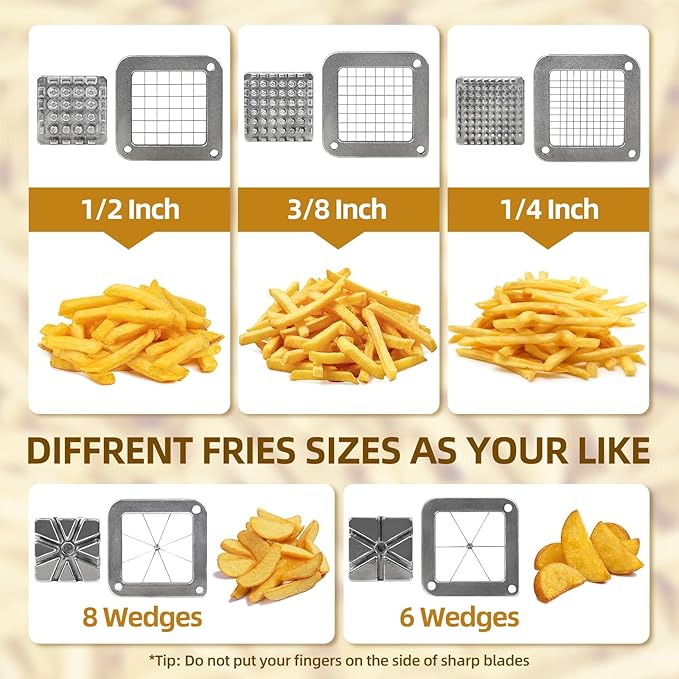 French Fry Cutter Commercial Potato Slicer with Suction Feet Complete Set, Includes 1/4", 3/8",1/2",8 Pieces,6 Pieces