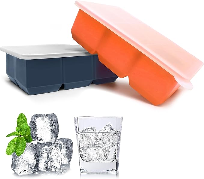 Silicone Ice Cube Trays with Lids,Large Square Ice Cube Molds for Freezer, Whiskey, Cocktail, Stackable Flexible and Reusable & Easy Release BPA Free (2 Pack&Dark Gray and Orange)