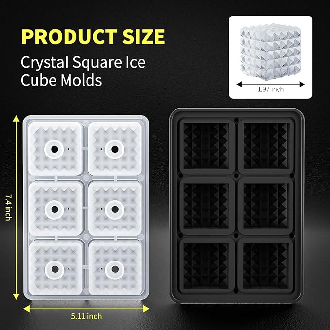 6 Chamber 1.97” 3D Crystal Square Ice Cube Tray With Funnel,Large Square Ice Molds Silicone Fun Shapes Whiskey Ice Cube Tray,For Chilling Whiskey,Cocktails,Bourbon,Brandy and Beverages
