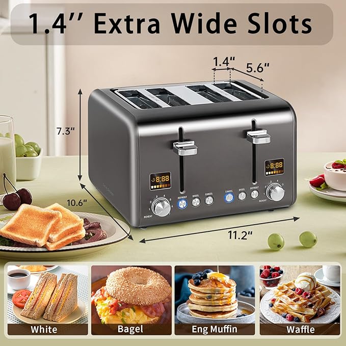 SEEDEEM 4 Slice Stainless Toaster with LCD Display, 7 Shade Settings, Wide Slots, Bagel/Defrost/Reheat Functions, Removable Crumb Tray, 1800W