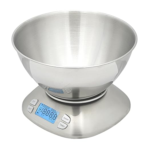 Stainless Steel Digital Kitchen Scale w. Bowl - for Food Coffee Lab - LCD Display gram Ounces lb:oz lb ml - 12 LBS/5.5 KG Capacity - Battery Included - Silver by The Display Guys