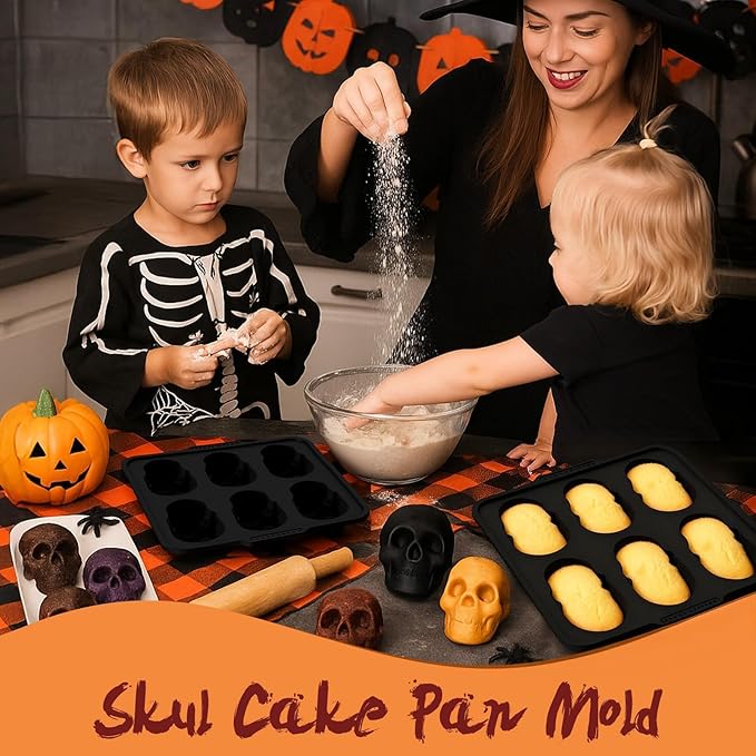 Skull Cake Pan with Metal Reinforced Frame - Spill-Proof & Sturdy 6-Cavity 3D Halloween Silicone Mold, Easy to Handle & Release for Cake, Chocolate, Jello