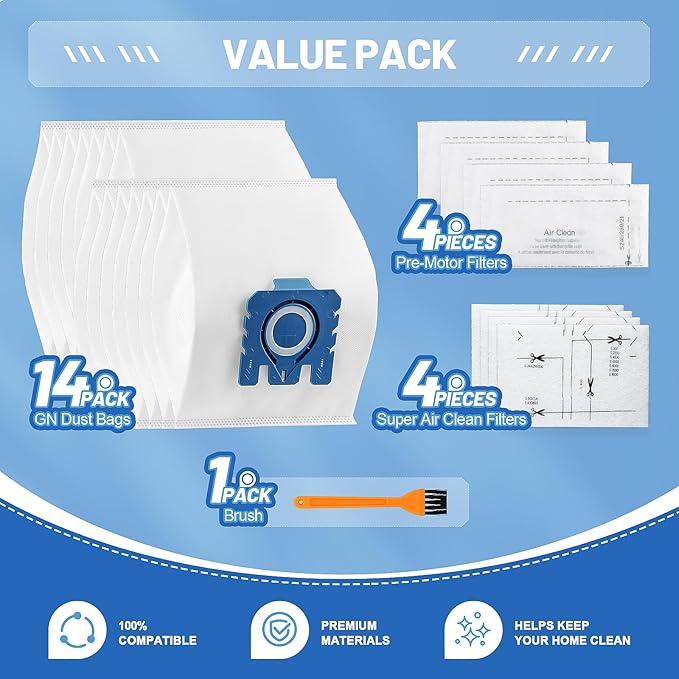 14 Pack 3D GN Vacuum Dust Bags Replacements for Miele Classic C1, Complete C2 C3, S227 S240, S270, S400, S400i, S600, S2, S5, S8 Series 4 Motor Protection Filters,4 AirClean Filters