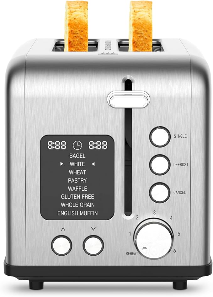 2-Slice Toaster with 8 Bread Types & 6 Browning Levels, Timer Count-down Display, Defrost, Reheat and Cancel Setting with LED Lighting, Extra lifting, Self-centering and Single Function, 825W