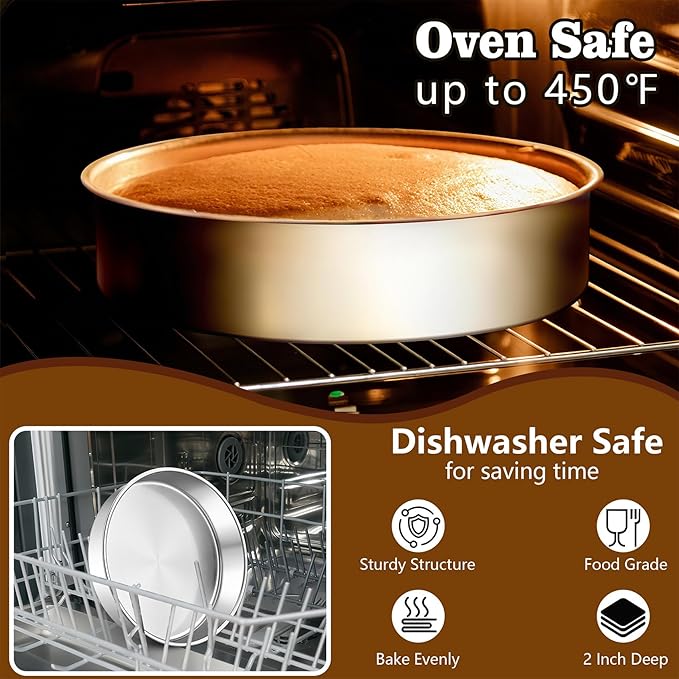 LIANYU Cake Pans 9 Inch Round, Stainless Steel Round Wedding Birthday Cake Pan, Metal Baking Tin Oven Pan for Layer Cake Brownie Lasagna, Leak Proof, Dishwasher & Pot Safe
