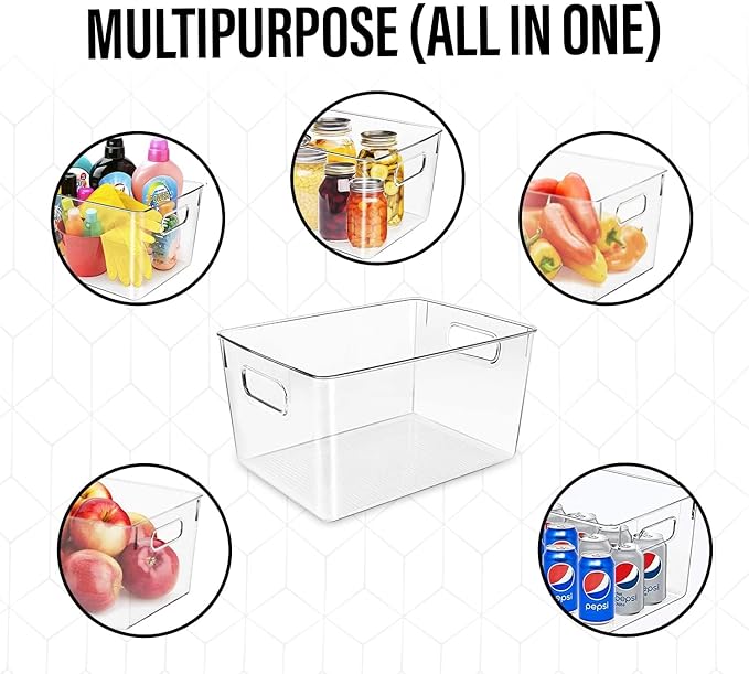 Clear Plastic Storage Bins, Pantry Organizers and Storage or Kitchen Organization and Storage Containers Bins for Organizing, Fridge, Freezer, Bathroom, Pantries, Refrigerator, Cabinet Organizer Bin