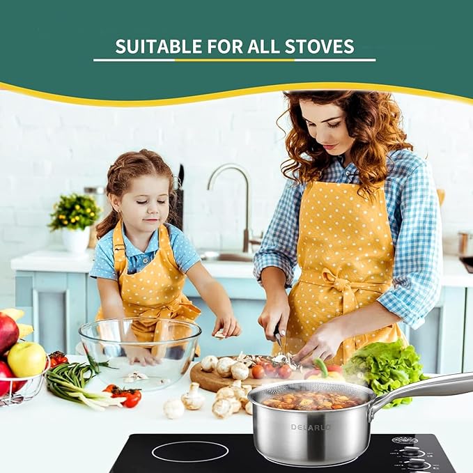DELARLO Tri-Ply Hybrid Stainless Steel Sauce Pan, Hybird 1.5QT Non Stick Pots, All Stove Safe Up to 600℉, Sauce Pot 1.5 Quart Non Stick Sauce Pan, Saucier Pan, Honeycomb Pan,Small Saucepan, Lids 300℉