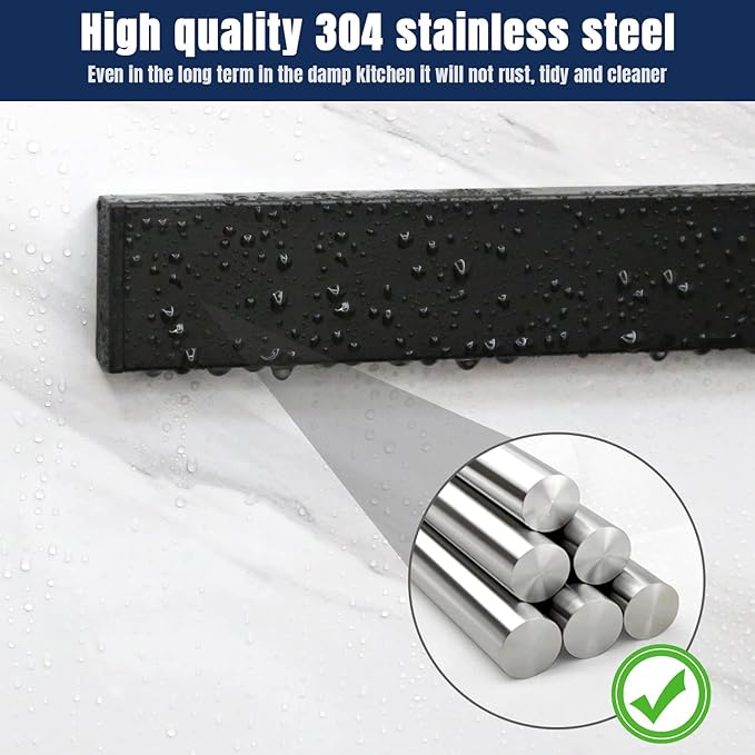 Dmore magnetic knife holder for wall—with 4 hooks, No Drilling 20 Inch black knife magnetic strip, Powerful knife magnet rack, include Adhesive Tape and screws for Knives, Utensils, and Tools