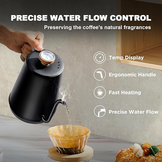Nueve&Five Gooseneck Electric Kettle with Thermometer， Black Electric Kettle 1L with Auto Shut-Off，1000W Hot Water Kettle of Stainless Steel， Pour Over Kettle for Coffee & Tea