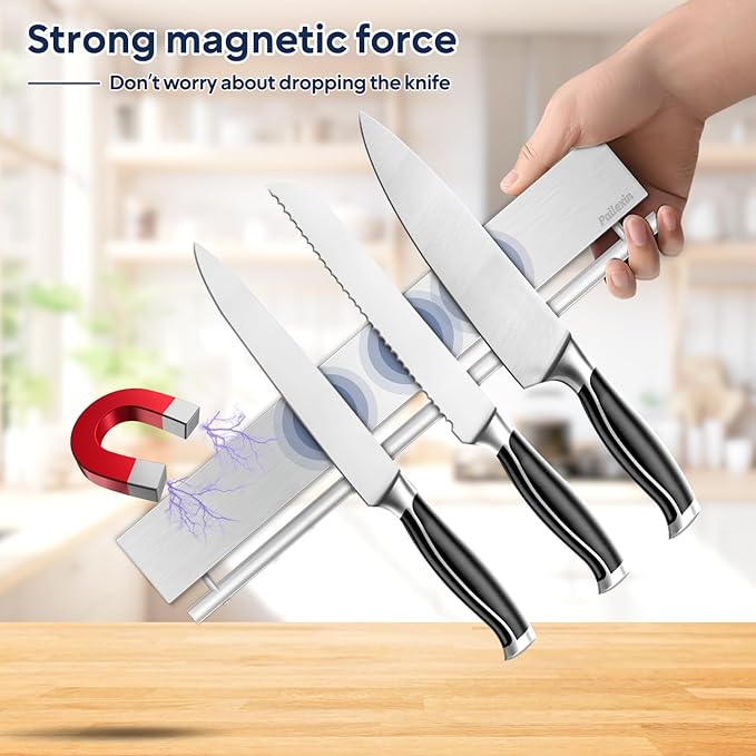 12 Inch Magnetic Knife Holder with 5 Hooks, No Drilling Wall Mount, Powerful Magnet Strip and Utensil Hanger