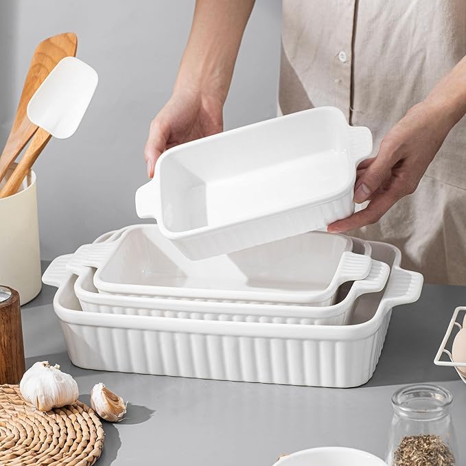 Casserole Dishes for Oven, Ceramic Baking Dishes, Porcelain Bakeware Set of 4, Rectangular Baking Pan, White Deep Lasagna Pan with Handle for Cooking, Roasting, Cake, 15.3"/12.8"/11.6"/9.8"